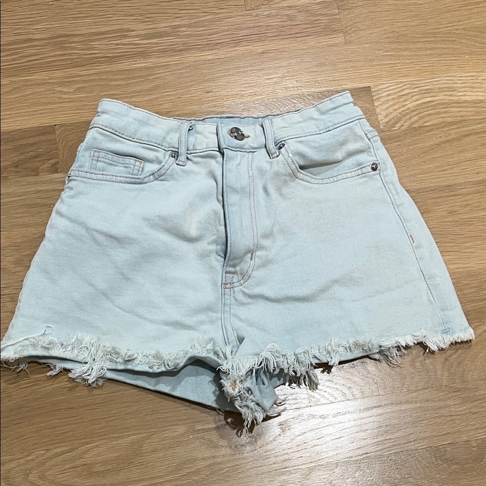 Divided Light Blue Frayed Hem Jean Shorts